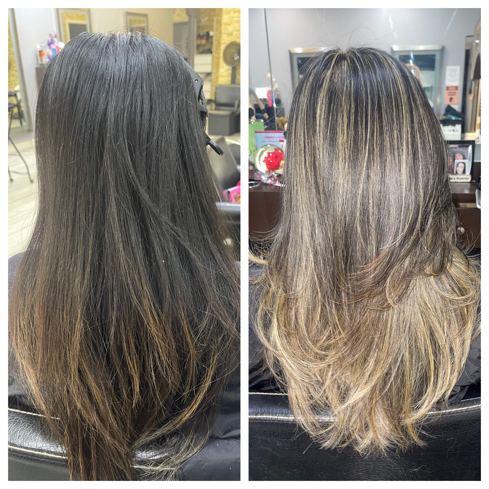 Split image showing hair transformation. Left long, dark, straight hair. Right lighter, layered hair with blonde highlights, creating a fresh look.